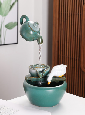 中式陶瓷鱼缸循环大号桌面喷泉家居装饰摆件流水器造景陶罐