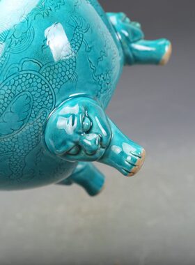 明弘治瓷器绿釉三足双耳香炉古董古玩明清老瓷器旧货老货收藏摆件