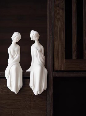 创意陶瓷仕女白瓷中式摆件茶桌茶台禅意线香插炉客厅茶室人物装饰