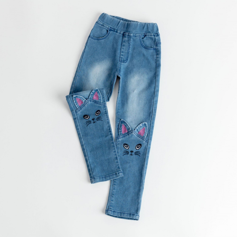 外贸童装牛仔女童新款卡通猫咪牛仔裤女中童潮流弹力牛仔长裤 - 图1