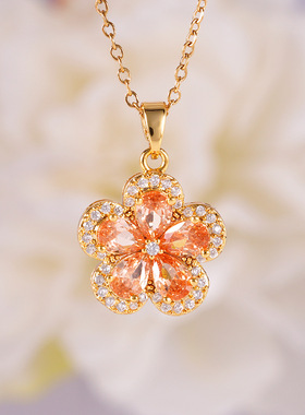 【●露露酱NN】女王空间 锆石花朵橙色吊坠时尚颈链少女气质项链