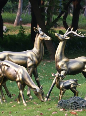 仿铜复古梅花鹿摆件玻璃钢仿真动物雕塑户外园林景观售楼小区装饰