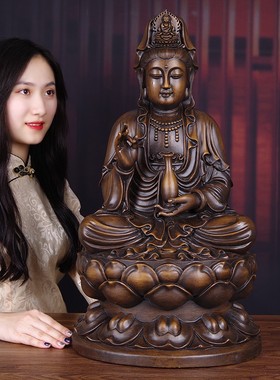 实木雕观音摆件大号黑檀木质坐莲观世音菩萨神像家用供奉观音佛像