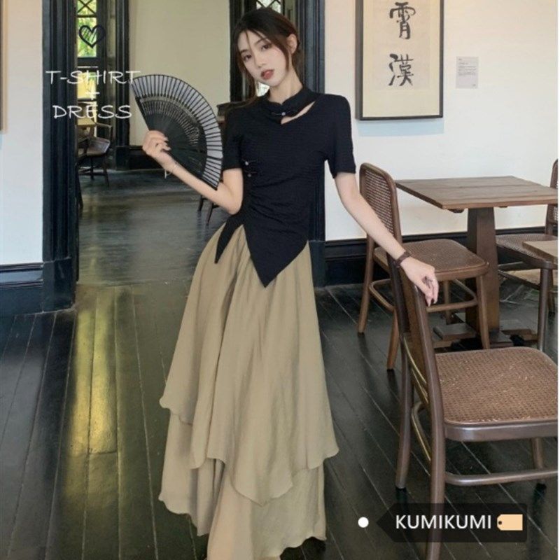 高级感新中式气质国风套装短袖T恤女夏季休闲半身裙长裙子两件套,淘宝优惠券,粉丝福利购,淘宝优惠卷