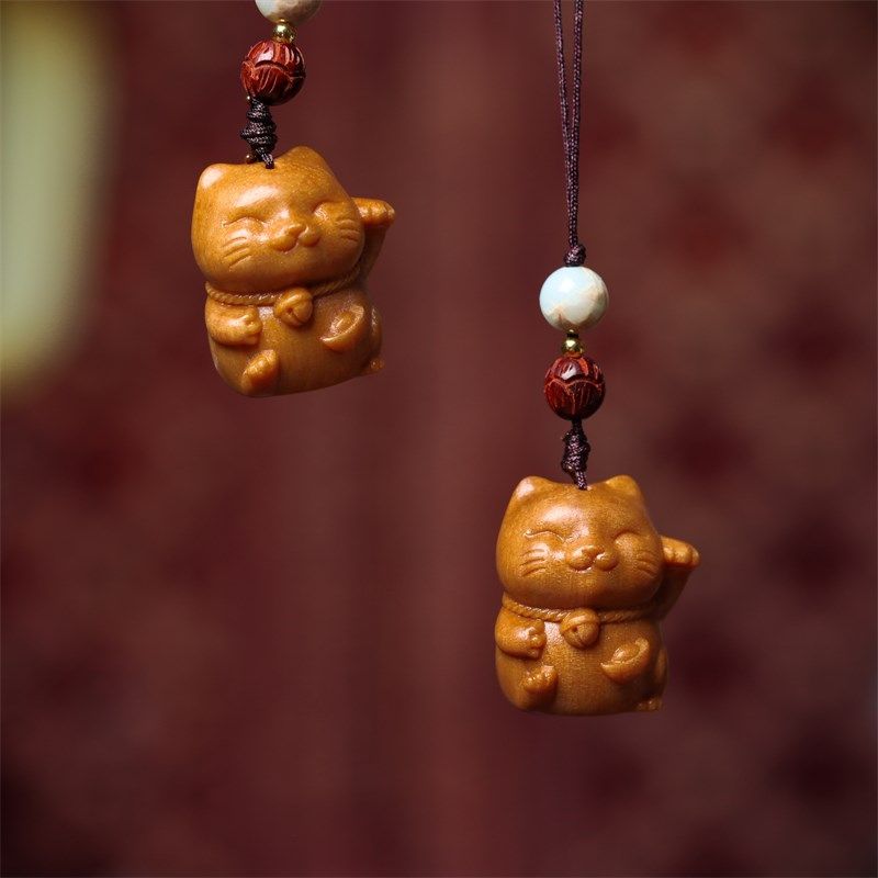 天然檀木手机挂件招财猫咪可爱转运珠钥匙挂饰链女情侣创意小礼品,淘宝优惠券,粉丝福利购,淘宝优惠卷