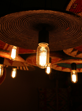 咖啡厅书店工业风装修竹吊灯竹灯罩竹编篮子灯斗笠灯罩竹灯笼