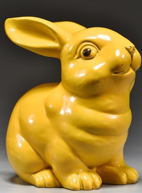 黄色木质兔子雕刻摆件红木十二生肖木头兔家居客厅桌面补角装饰品