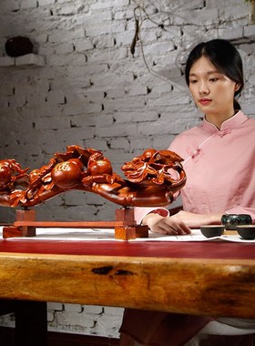 花梨木雕刻五福临门葫芦如意红木家居客厅装饰工艺品乔迁礼品