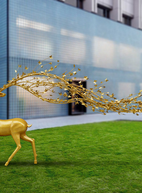 不锈钢雕塑铁艺蝴蝶鹿角梅花鹿摆件橱窗玄关酒店大堂会所动物美陈