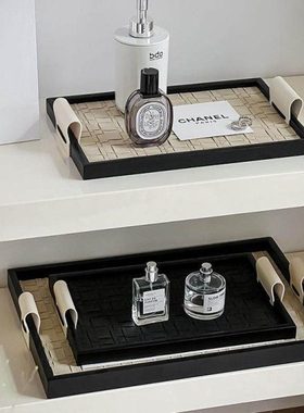 轻奢玄关钥匙收纳盘盒中古高档黑色皮革质香薰托盘法式装饰品摆件