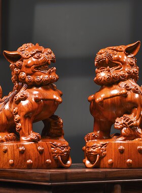 实木雕狮子摆件一对招财镇宅物件办公室客厅玄关中式装饰品工艺品