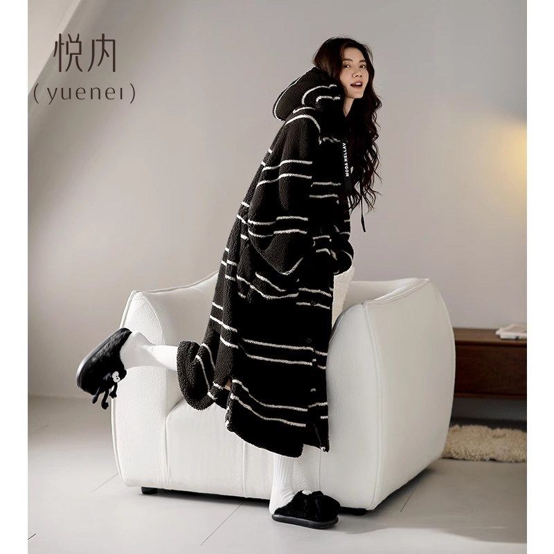 悦内睡袍女睡衣睡裙秋冬季冬款法兰绒加绒加厚珊瑚绒长款条纹大码,淘宝优惠券,粉丝福利购,淘宝优惠卷