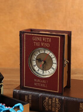 复古木质书形钟表假书摆件家用客厅酒柜桌面装饰品收纳盒拍照道具