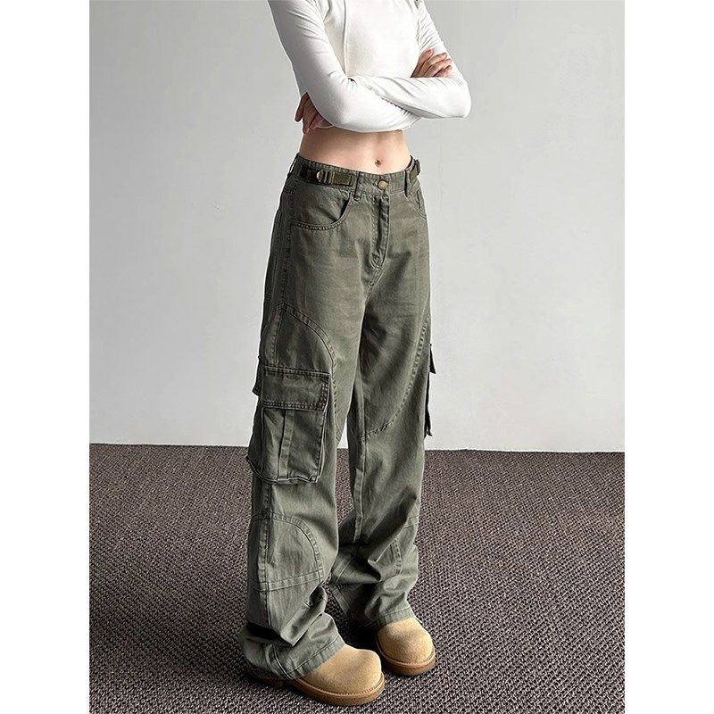 美式宽松多口袋阔腿工装牛仔裤女2024春秋新款高腰显瘦直筒长裤子,淘宝优惠券,粉丝福利购,淘宝优惠卷