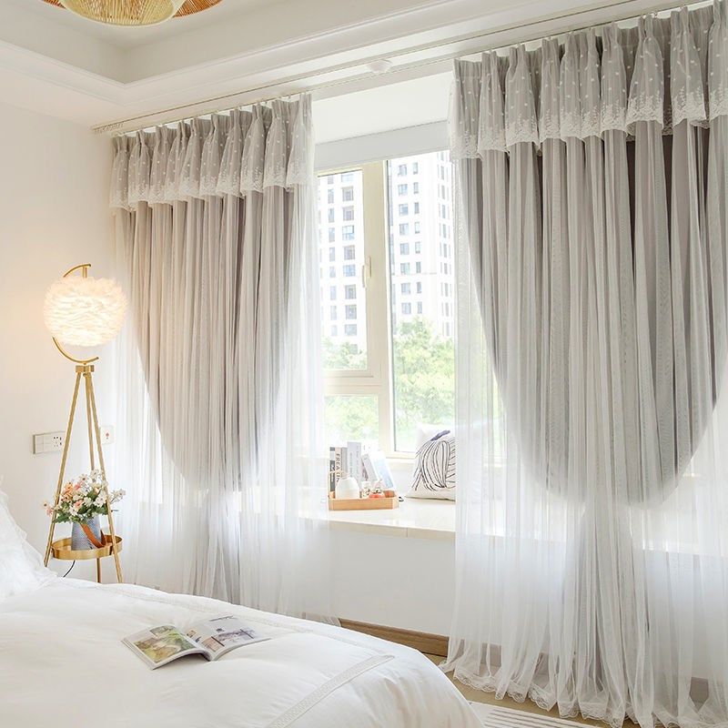 网红遮光隔热窗帘简约布纱一体韩式双层公主风卧室客厅米色飘窗帘,淘宝优惠券,粉丝福利购,淘宝优惠卷