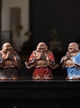 中式禅意紫砂弥勒佛陶瓷摆饰家居客厅茶室博古架大肚笑佛装饰佛像
