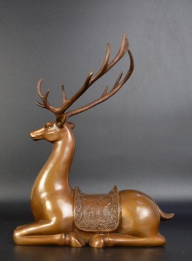 紫铜鹿摆件卧鹿纯铜梅花鹿家居装饰客厅办公室摆设仿古铜器工艺品