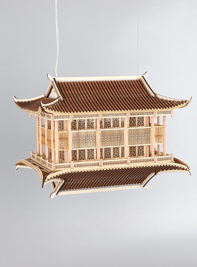 新中式木质手工倒影古建筑凉亭家居客厅酒店大堂造景悬挂镜像摆件