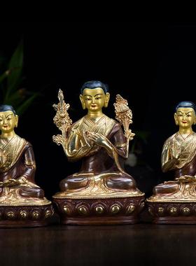 现代铜像摆件尼泊尔手工铜鎏金鎏银7寸宗碦巴铜像 师徒三人
