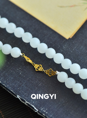 天然新疆和田玉羊脂白玉项链18k金加长版毛衣链女款玉石佛珠礼物