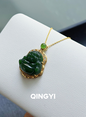 天然俄料和田玉菠菜绿碧玉弥勒佛吊坠18k金女款佛公玉石挂件玉坠
