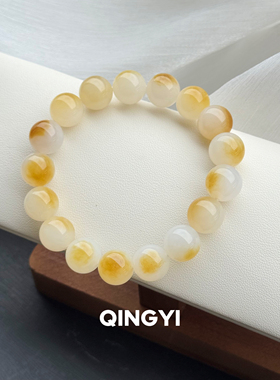 天然新疆和田玉且末糖白手链12mm男女款素圈玉石圆珠手串送礼物