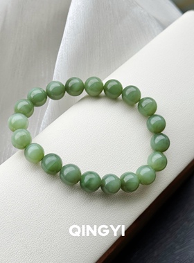 天然俄料和田玉碧玉粉青色手串9.5mm男女款素圈粉绿玉石圆珠手链