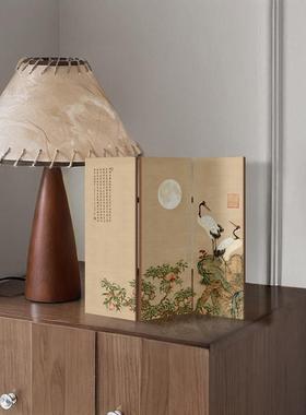 复古小屏风桌面摆件茶室书房禅意摆台画新中式边柜仙鹤装饰摆画