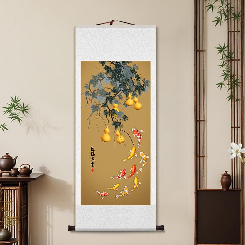 五福临门卷轴挂画新中式葫芦装饰画客厅书房玄关寓意好福禄壁画 - 图0