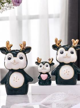 陶瓷梅花鹿麋鹿一家三口四口结婚礼物隔断酒柜装饰品摆件家居摆设