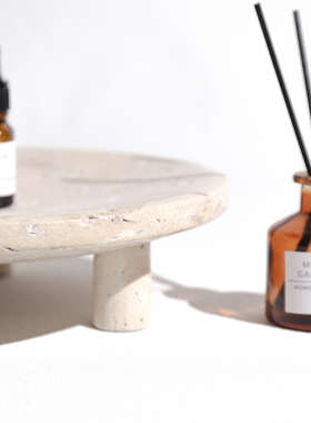 侘寂风黄洞石三脚托盘摆件香薰托盘样板间书房客厅软装艺术摆台