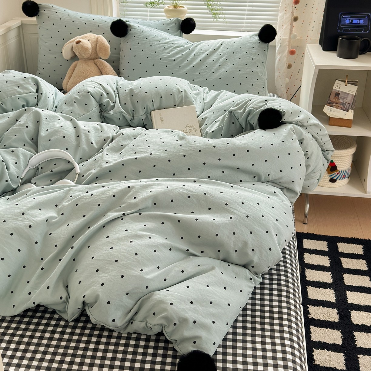 混搭圆点啵啵毛球款四件套学生三件套甜美风波点水洗棉被套床单,淘宝优惠券,粉丝福利购,淘宝优惠卷