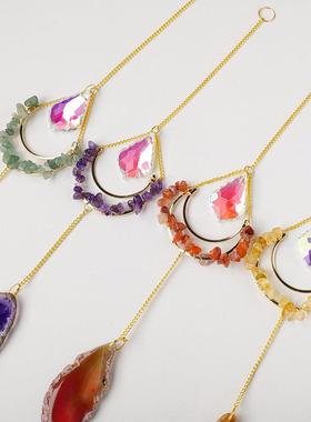 天然水晶碎石月亮太阳捕手风铃吊坠彩色玛瑙片园林挂件