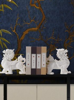 新中式白色貔貅对狮摆件售楼处展台软装饰品茶几茶室书房酒柜摆设