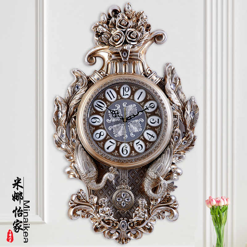 孔雀客厅挂钟静音大号欧式钟表时尚家用创意卧Q室钟装饰时钟壁挂 - 图1