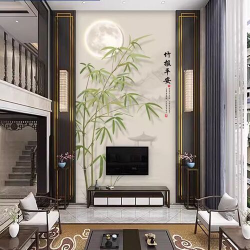 别墅挑高复式楼电视背景墙壁纸中式竹子客厅挑R空玄关壁画墙布壁 - 图0