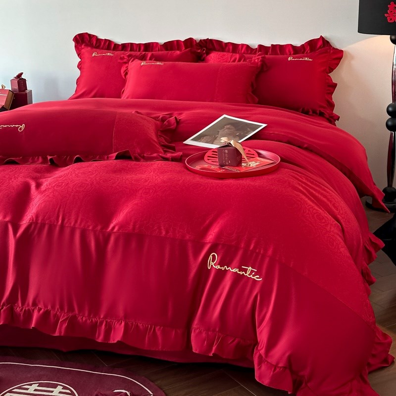 简约陪嫁结婚四件套大红色新婚床单被套婚庆床上用品婚房喜被 - 图1