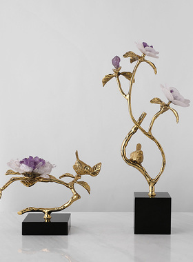 新中式黄铜花开富贵晶石桌面摆件客厅玄关书房创意开业乔迁礼物