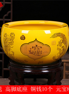 沈万三聚宝盆陶瓷摆件黄色客厅玄关财位大小底座景德镇新中式瓷器