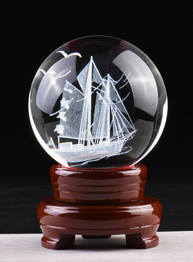 水晶球灯座3D内雕船一帆风顺家居饰品摆件乔迁送礼可定制图案logo
