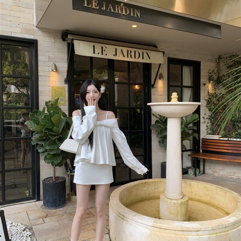 YYW汪澜的妹妹  千金下午茶 白色蝴蝶结露肩衬衫上衣半身裙套装女,淘宝优惠券,粉丝福利购,淘宝优惠卷