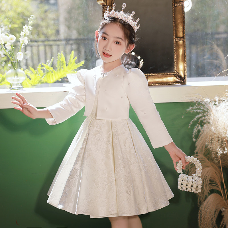 女童公主裙长袖白色套装花童婚礼小女孩礼服儿童钢琴演出服女秋冬,淘宝优惠券,粉丝福利购,淘宝优惠卷