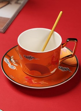 国潮陶瓷杯咖啡杯碟礼盒套装下午茶茶具杯子水杯家用带碟勺送礼品