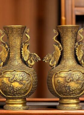 纯铜龙凤仙鹤花瓶一对黄铜干花瓶工艺品家居办公室吧台装饰摆件