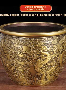 全6126铜家双龙铜水缸招摆件盆，风水财聚宝，铜米缸摆件，居客厅