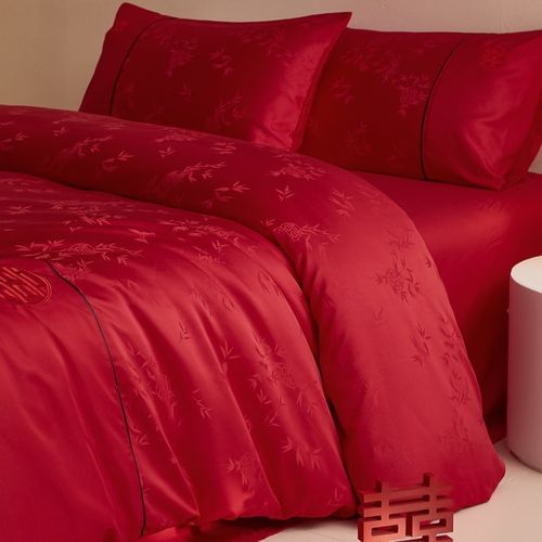 高档中式婚庆四件套大红色喜字床单被套纯棉结婚床上用品婚房陪嫁 - 图0