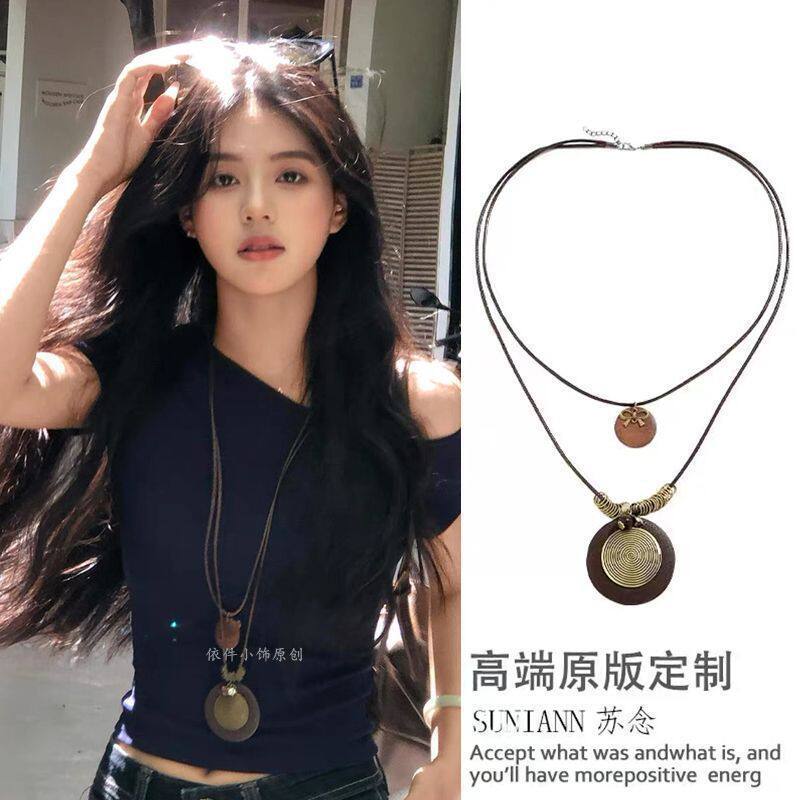 甜酷复古做旧蝴蝶结金属项链民族风波西米亚简约百搭长款圆环吊坠