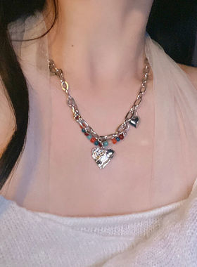 超爱!ins博主偏爱彩珠爱心项链女高级设计感小众锁骨链甜酷配饰