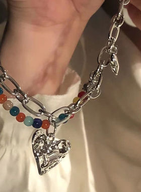 超爱!ins博主偏爱彩珠爱心项链女高级设计感小众锁骨链甜酷配饰