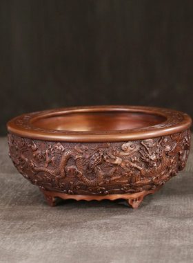 徽匠铜韵 紫铜游龙聚宝盆 家用客厅装饰铜工艺品办公室